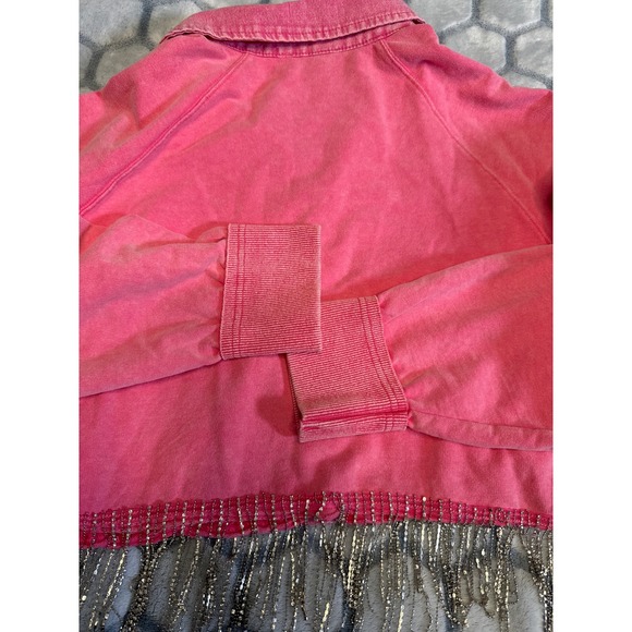 Boot Barn Pink Rhinestone Fringe Cropped Sweatshirt Collared Snap Button Size M - Picture 5 of 6